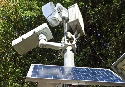 Poteau avec caméra de surveillance et panneau solaire