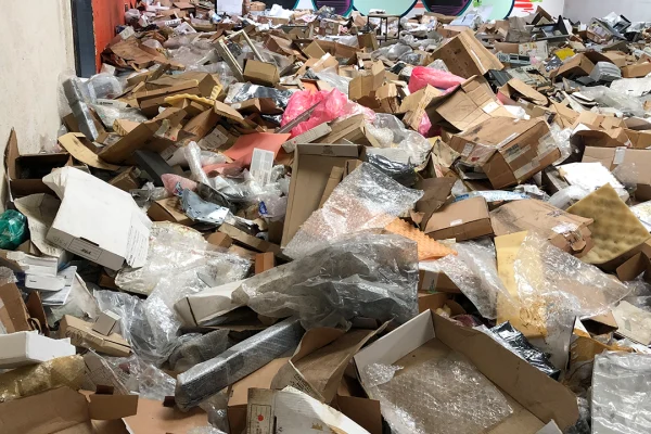 Pièce rempli de cartons, d'emballages en plastiques et de papier bulles