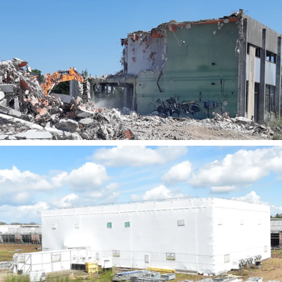 Diptyque chantier : démolition d'un bâtiment en béton par pelleteuse (haut) et bâtiment voisin sous bâche de confinement pour désamiantage (bas)